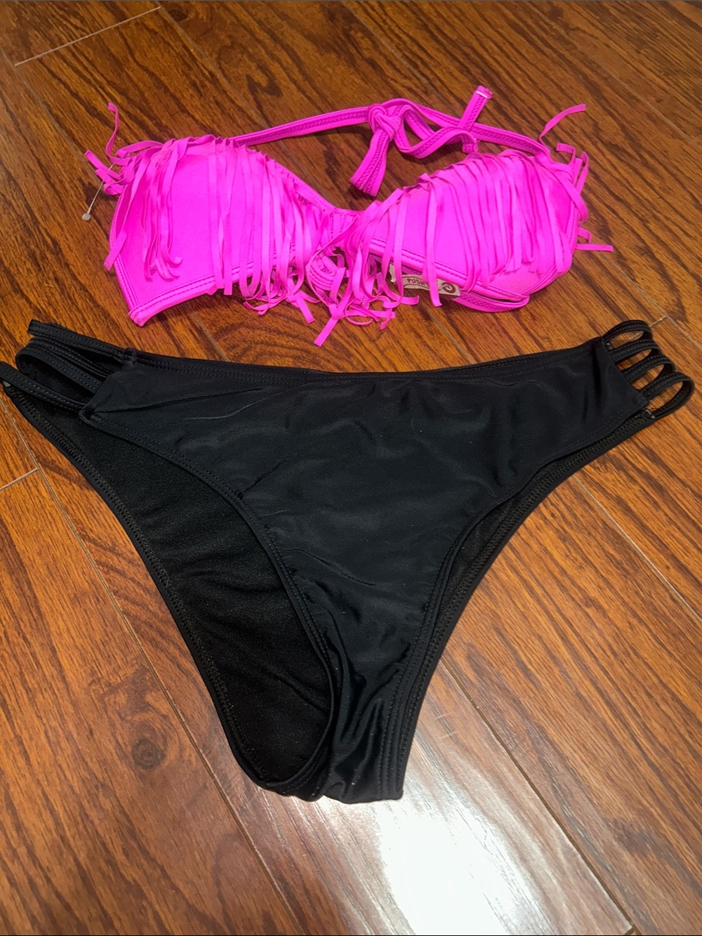 Arizona Jean Company Pink Fringe Bandeau & SHEIN Black Bikini Bottoms